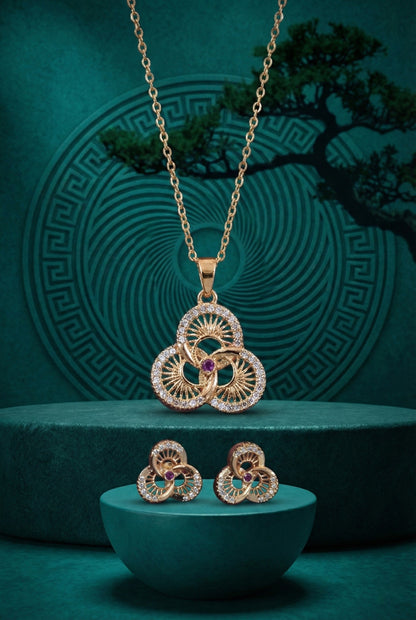 Rose Gold Plated Stone Studded Pendant Necklace with Pink Center Accent for Women, Lightweight Party Jewellery for Festive, Wedding, Evening, Daily Styling with Premium Finish Chain-02