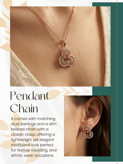 Rose Gold Plated Stone Studded Pendant Necklace with Pink Center Accent for Women, Lightweight Party Jewellery for Festive, Wedding, Evening, Daily Styling with Premium Finish Chain-02
