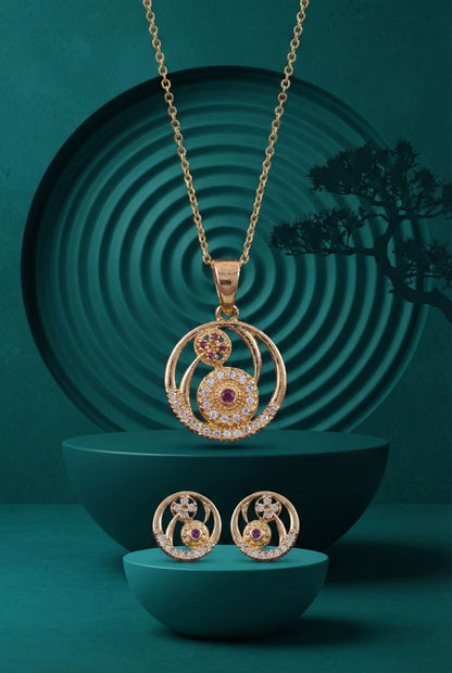 Gold Plated Stone Studded Pendant Necklace with Pink Center Accent for Women, Lightweight Party Jewellery for Festive, Wedding, Evening and Daily Styling with Premium Finish Chain-02