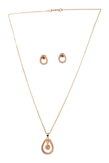 Rose Gold Plated Stone Studded Pendant Necklace with Pink Center Accent for Women, Lightweight Party Jewellery for Festive, Wedding, Evening, Daily Styling with Premium Finish Chain-01