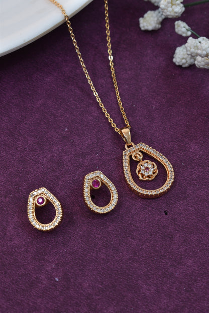 Rose Gold Plated Stone Studded Pendant Necklace with Pink Center Accent for Women, Lightweight Party Jewellery for Festive, Wedding, Evening, Daily Styling with Premium Finish Chain-01