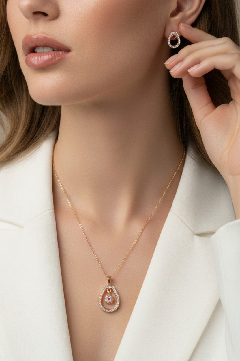 Rose Gold Plated Stone Studded Pendant Necklace with Pink Center Accent for Women, Lightweight Party Jewellery for Festive, Wedding, Evening, Daily Styling with Premium Finish Chain-01
