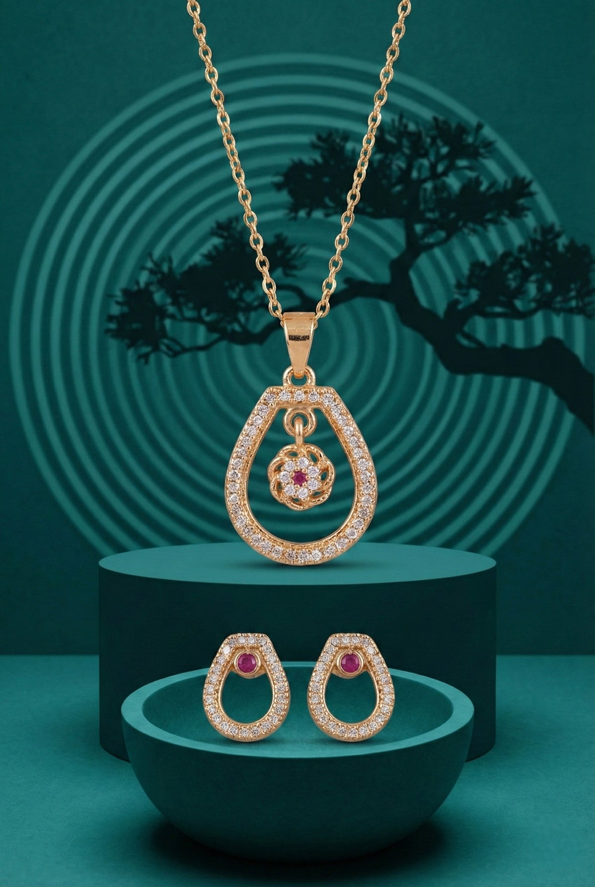 Rose Gold Plated Stone Studded Pendant Necklace with Pink Center Accent for Women, Lightweight Party Jewellery for Festive, Wedding, Evening, Daily Styling with Premium Finish Chain-01