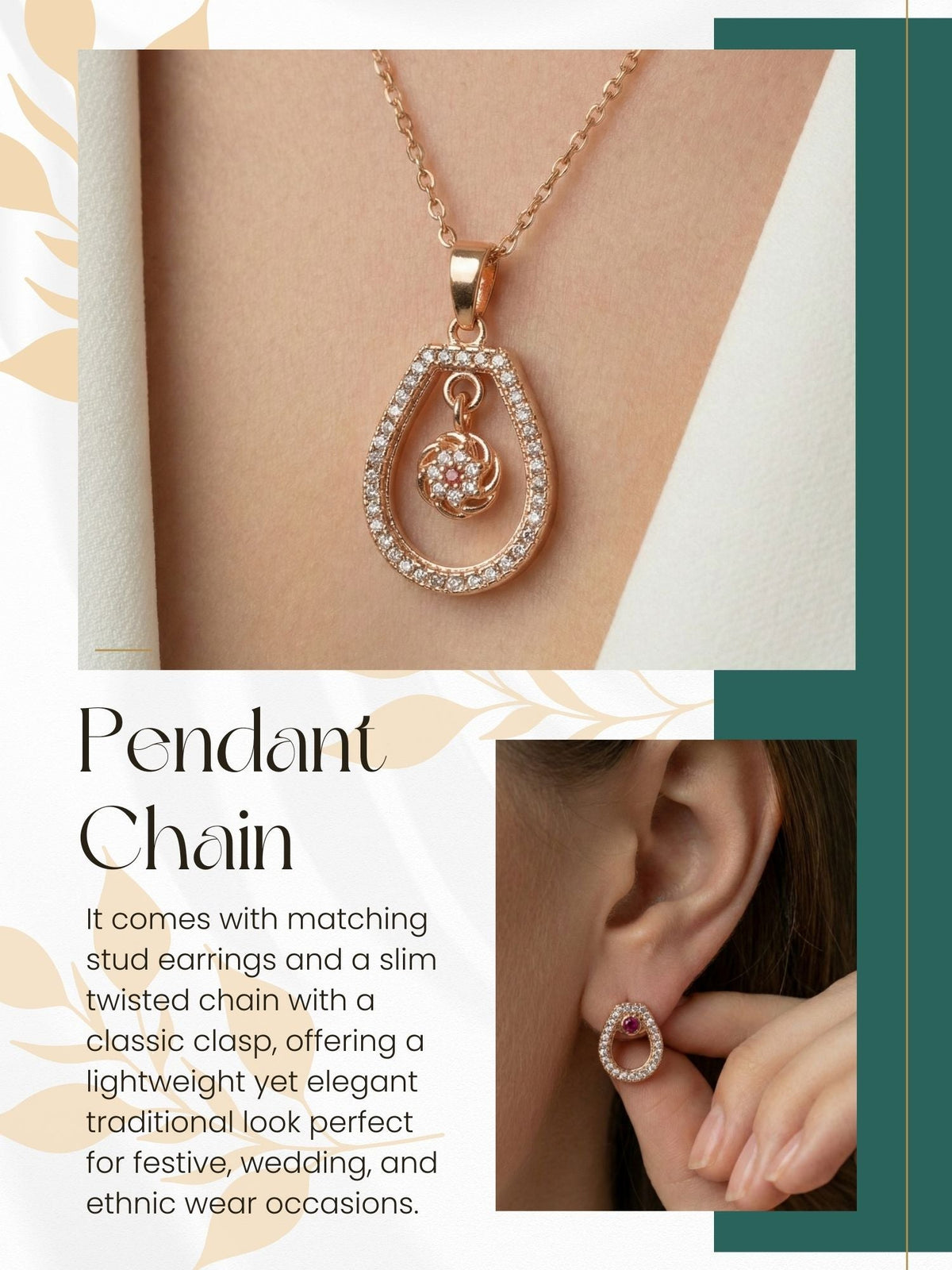 Rose Gold Plated Stone Studded Pendant Necklace with Pink Center Accent for Women, Lightweight Party Jewellery for Festive, Wedding, Evening, Daily Styling with Premium Finish Chain-01