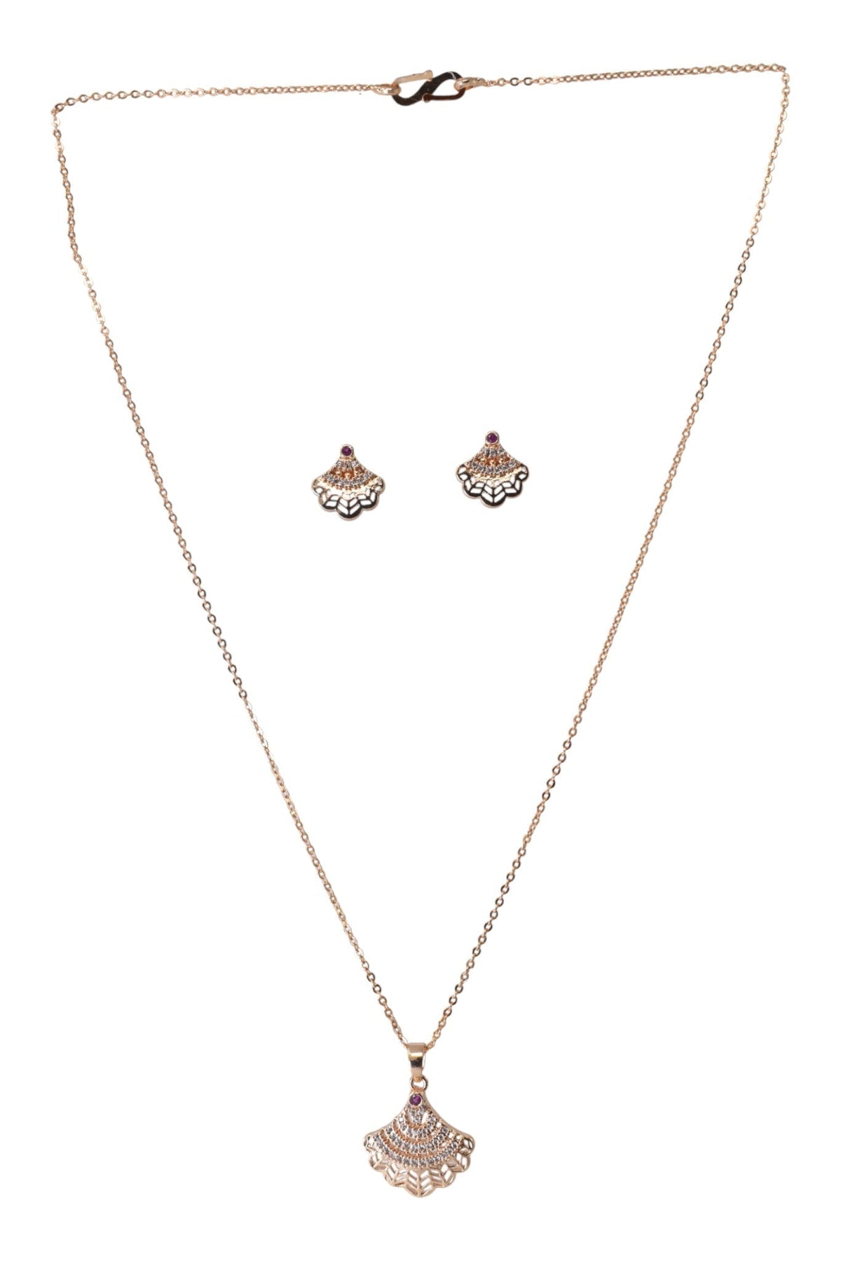 Rose Gold Plated Stone Studded Pendant Necklace with Pink Center Accent for Women, Lightweight Party Jewellery for Festive, Wedding, Evening, Daily Styling with Premium Finish Chain-06