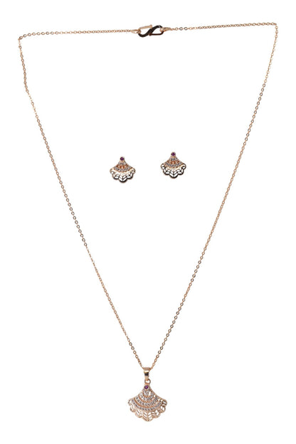 Rose Gold Plated Stone Studded Pendant Necklace with Pink Center Accent for Women, Lightweight Party Jewellery for Festive, Wedding, Evening, Daily Styling with Premium Finish Chain-06