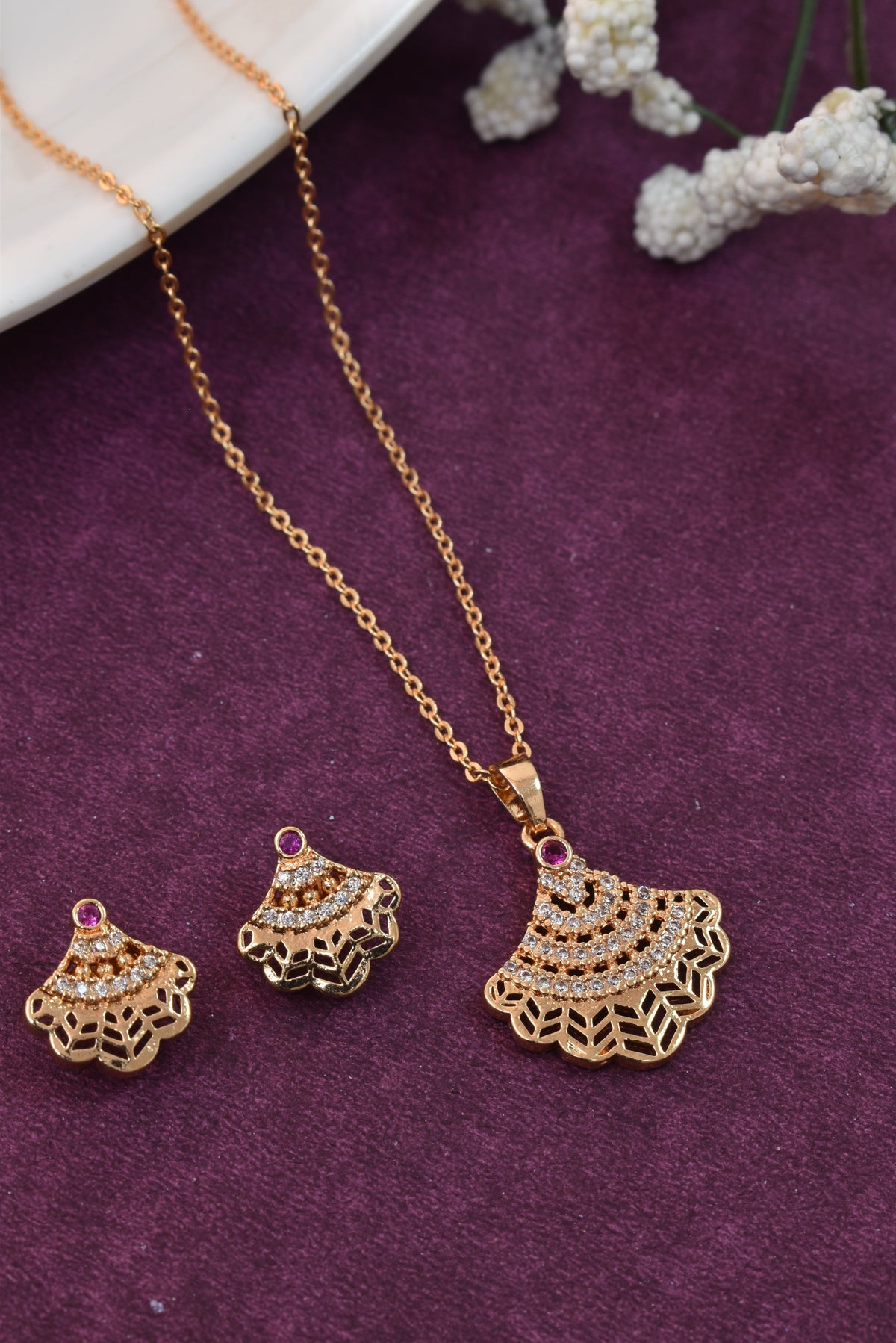Rose Gold Plated Stone Studded Pendant Necklace with Pink Center Accent for Women, Lightweight Party Jewellery for Festive, Wedding, Evening, Daily Styling with Premium Finish Chain-06
