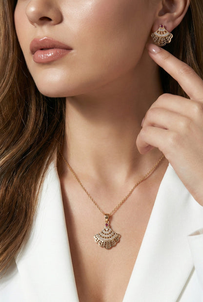 Rose Gold Plated Stone Studded Pendant Necklace with Pink Center Accent for Women, Lightweight Party Jewellery for Festive, Wedding, Evening, Daily Styling with Premium Finish Chain-06