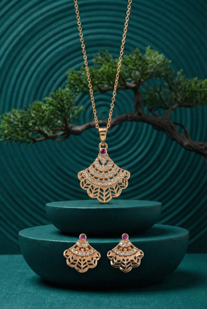Rose Gold Plated Stone Studded Pendant Necklace with Pink Center Accent for Women, Lightweight Party Jewellery for Festive, Wedding, Evening, Daily Styling with Premium Finish Chain-06