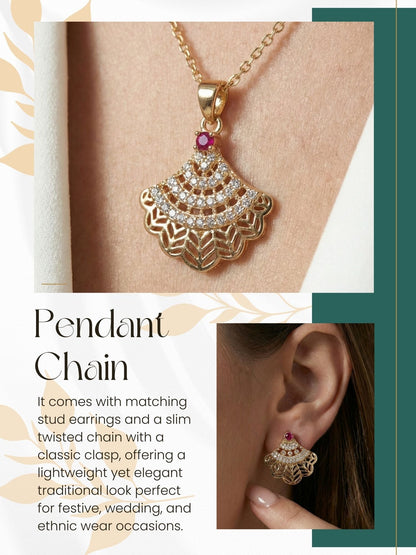 Rose Gold Plated Stone Studded Pendant Necklace with Pink Center Accent for Women, Lightweight Party Jewellery for Festive, Wedding, Evening, Daily Styling with Premium Finish Chain-06