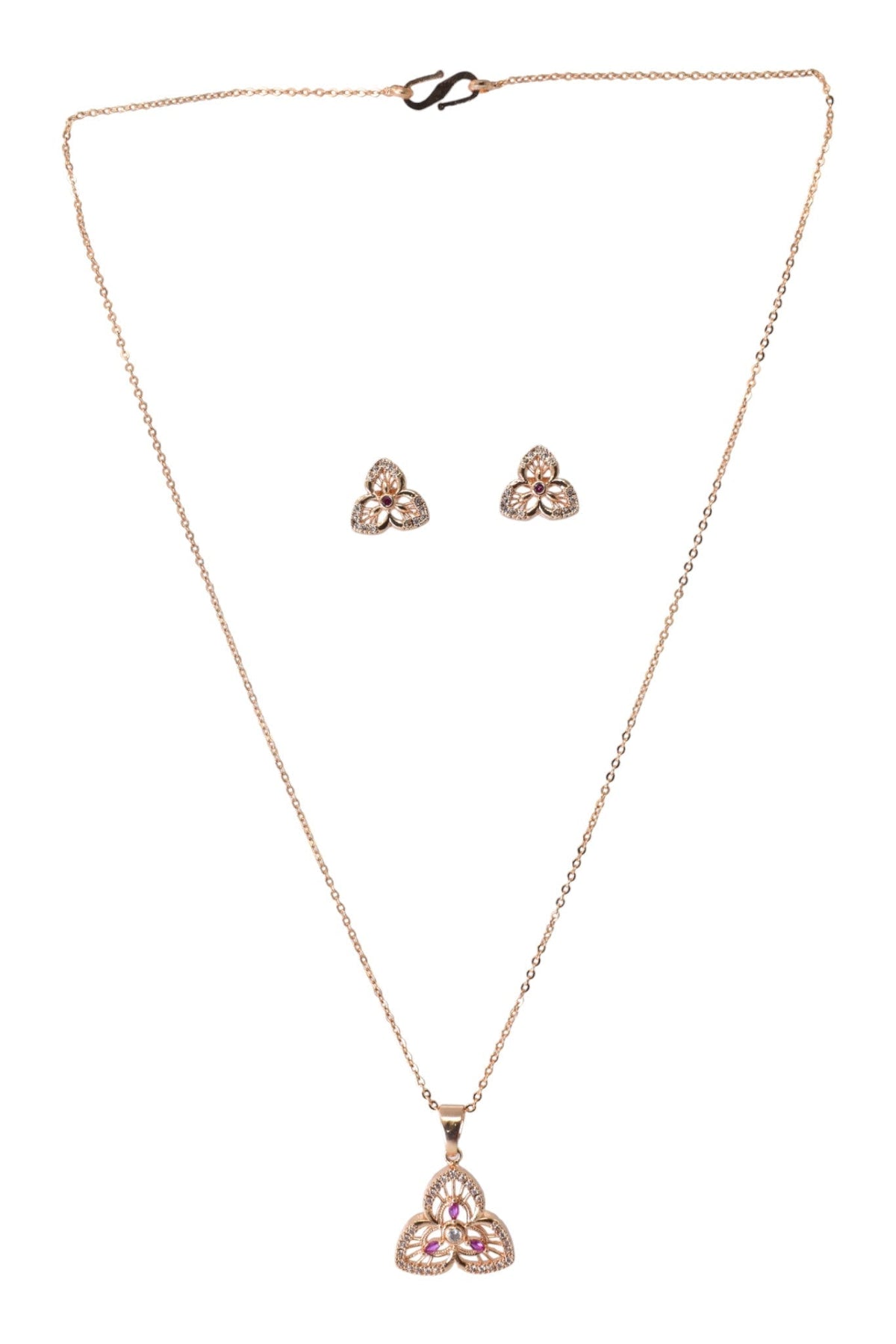 Rose Gold Plated Stone Studded Pendant Necklace with Pink Center Accent for Women, Lightweight Party Jewellery for Festive, Wedding, Evening, Daily Styling with Premium Finish Chain-07