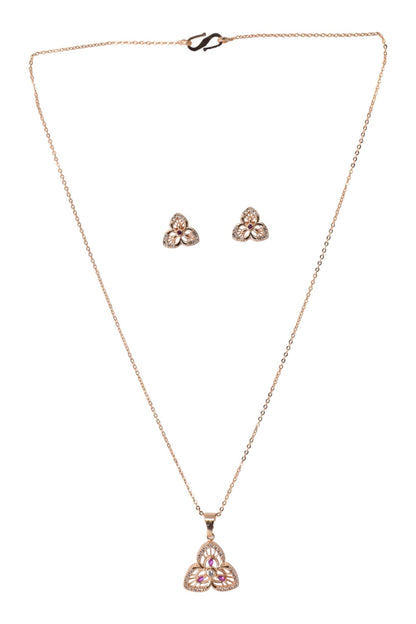Rose Gold Plated Stone Studded Pendant Necklace with Pink Center Accent for Women, Lightweight Party Jewellery for Festive, Wedding, Evening, Daily Styling with Premium Finish Chain-07