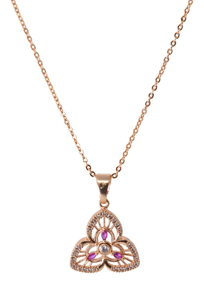 Rose Gold Plated Stone Studded Pendant Necklace with Pink Center Accent for Women, Lightweight Party Jewellery for Festive, Wedding, Evening, Daily Styling with Premium Finish Chain-07