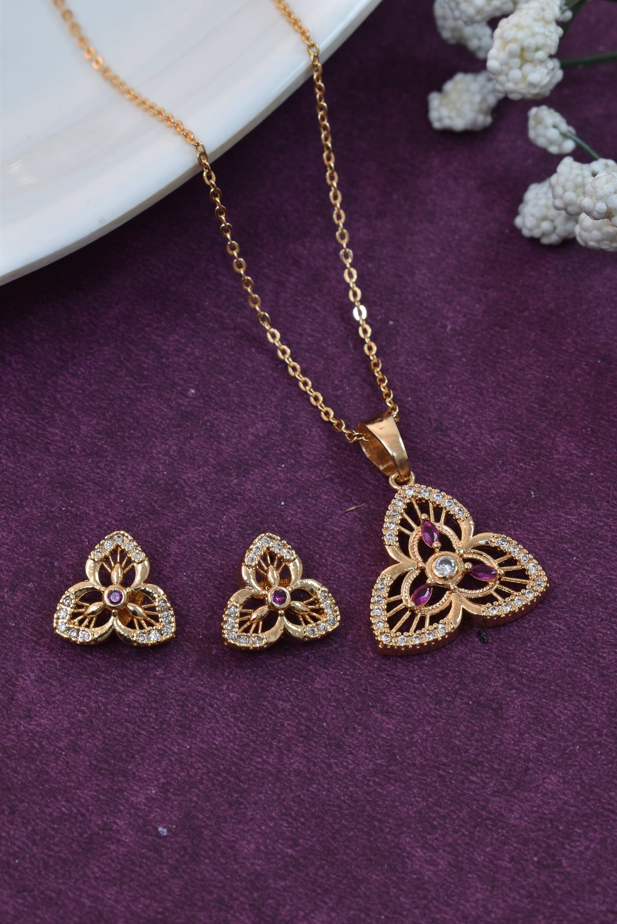 Rose Gold Plated Stone Studded Pendant Necklace with Pink Center Accent for Women, Lightweight Party Jewellery for Festive, Wedding, Evening, Daily Styling with Premium Finish Chain-07