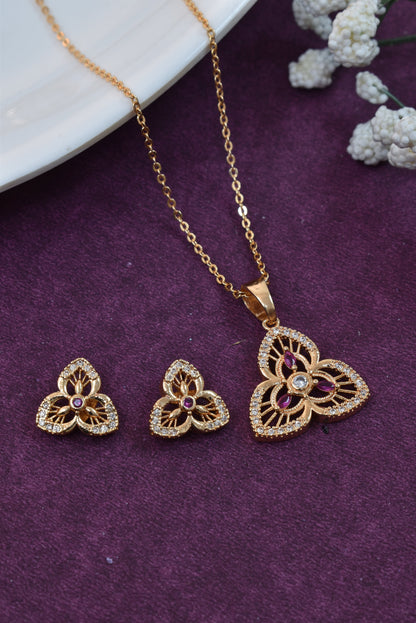 Rose Gold Plated Stone Studded Pendant Necklace with Pink Center Accent for Women, Lightweight Party Jewellery for Festive, Wedding, Evening, Daily Styling with Premium Finish Chain-07
