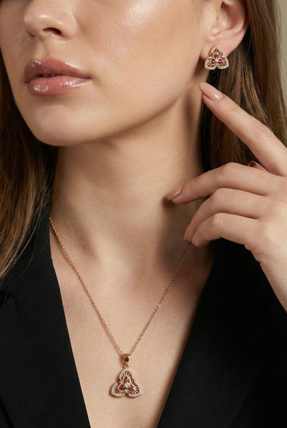 Rose Gold Plated Stone Studded Pendant Necklace with Pink Center Accent for Women, Lightweight Party Jewellery for Festive, Wedding, Evening, Daily Styling with Premium Finish Chain-07