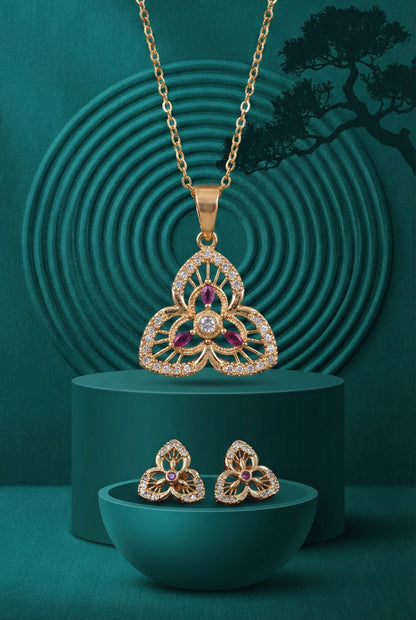 Rose Gold Plated Stone Studded Pendant Necklace with Pink Center Accent for Women, Lightweight Party Jewellery for Festive, Wedding, Evening, Daily Styling with Premium Finish Chain-07