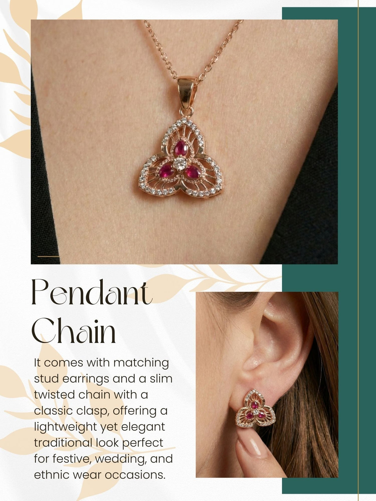 Rose Gold Plated Stone Studded Pendant Necklace with Pink Center Accent for Women, Lightweight Party Jewellery for Festive, Wedding, Evening, Daily Styling with Premium Finish Chain-07