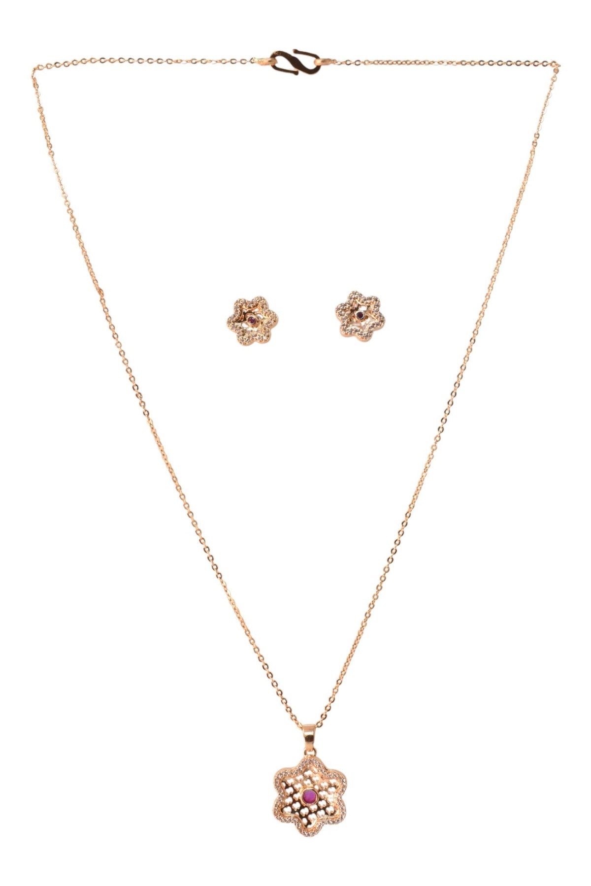 Gold Plated Stone Studded Pendant Necklace with Pink Center Accent for Women, Lightweight Party Jewellery for Festive, Wedding, Evening and Daily Styling with Premium Finish Chain-02
