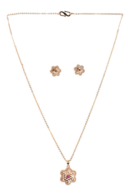Gold Plated Stone Studded Pendant Necklace with Pink Center Accent for Women, Lightweight Party Jewellery for Festive, Wedding, Evening and Daily Styling with Premium Finish Chain-02