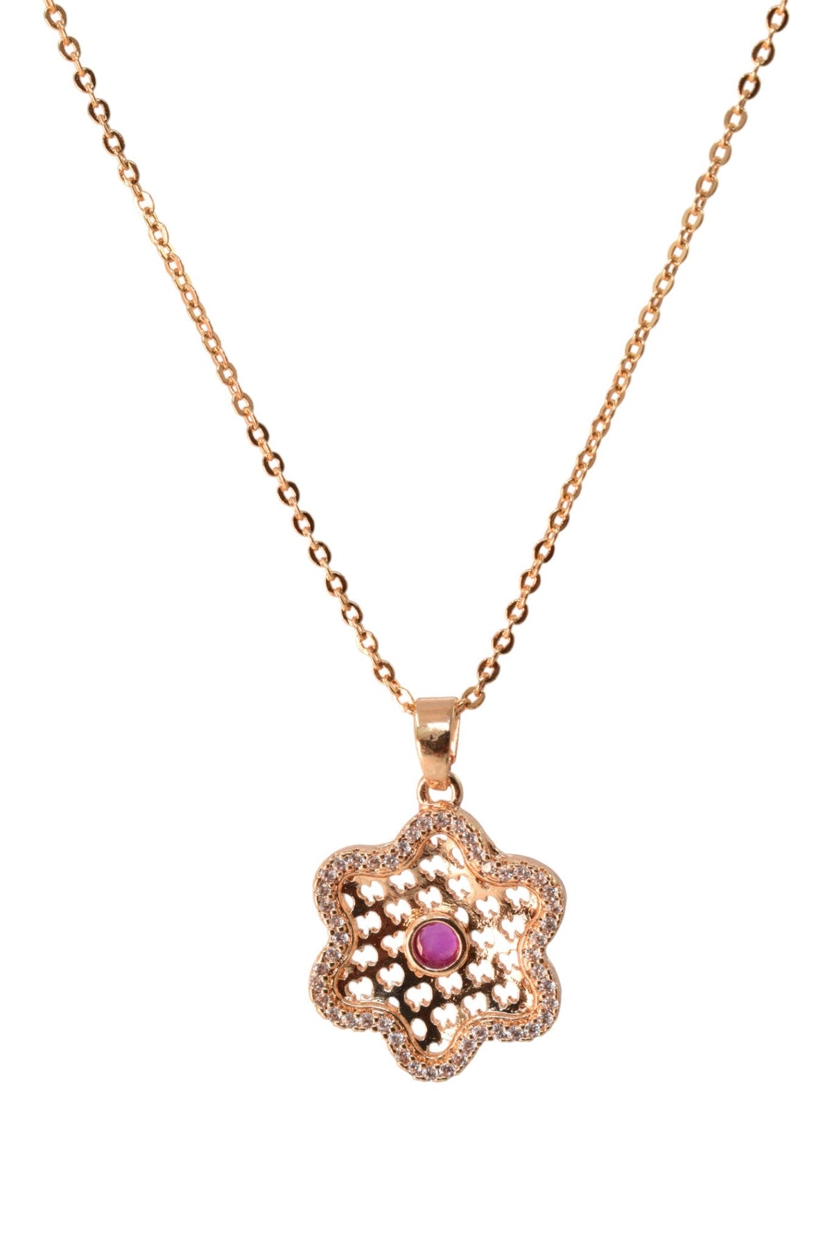Gold Plated Stone Studded Pendant Necklace with Pink Center Accent for Women, Lightweight Party Jewellery for Festive, Wedding, Evening and Daily Styling with Premium Finish Chain-02