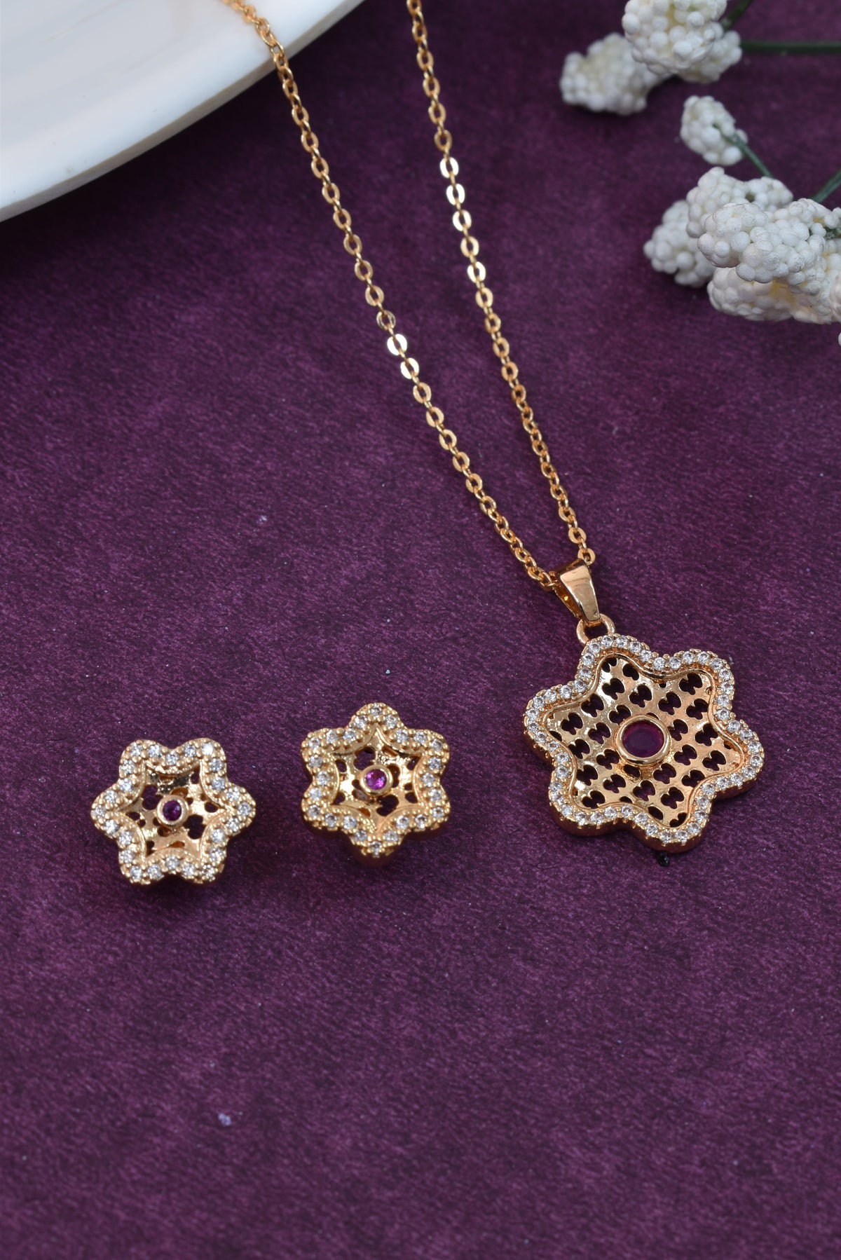 Gold Plated Stone Studded Pendant Necklace with Pink Center Accent for Women, Lightweight Party Jewellery for Festive, Wedding, Evening and Daily Styling with Premium Finish Chain-02