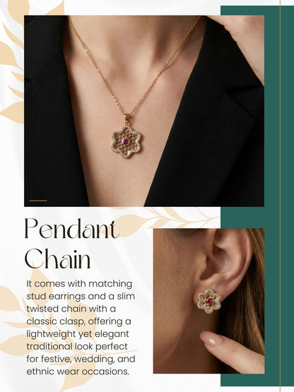 Gold Plated Stone Studded Pendant Necklace with Pink Center Accent for Women, Lightweight Party Jewellery for Festive, Wedding, Evening and Daily Styling with Premium Finish Chain-02