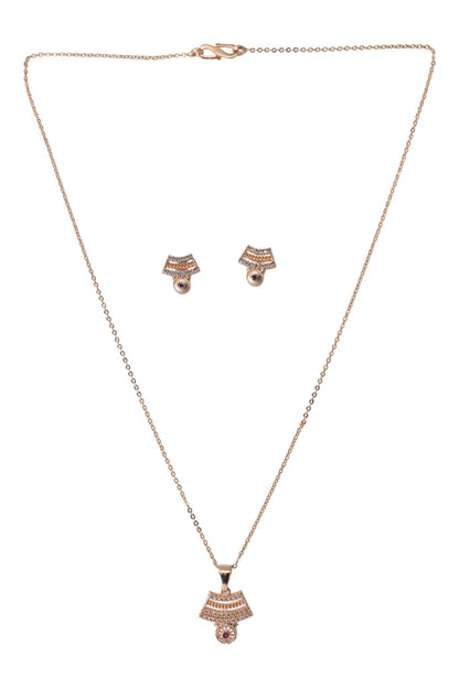 Rose Gold Plated Stone Studded Pendant Necklace with Pink Center Accent for Women, Lightweight Party Jewellery for Festive, Wedding, Evening, Daily Styling with Premium Finish Chain-09