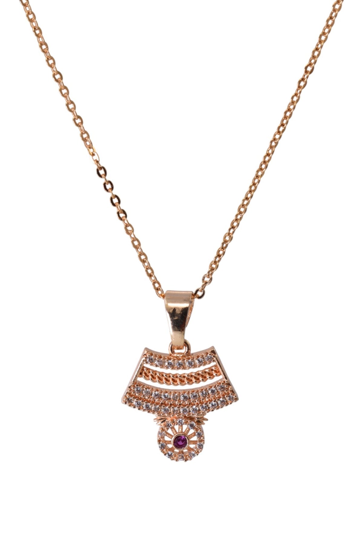 Rose Gold Plated Stone Studded Pendant Necklace with Pink Center Accent for Women, Lightweight Party Jewellery for Festive, Wedding, Evening, Daily Styling with Premium Finish Chain-09