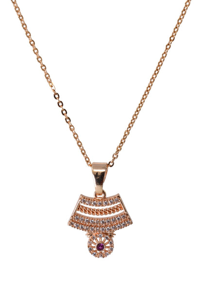 Rose Gold Plated Stone Studded Pendant Necklace with Pink Center Accent for Women, Lightweight Party Jewellery for Festive, Wedding, Evening, Daily Styling with Premium Finish Chain-09