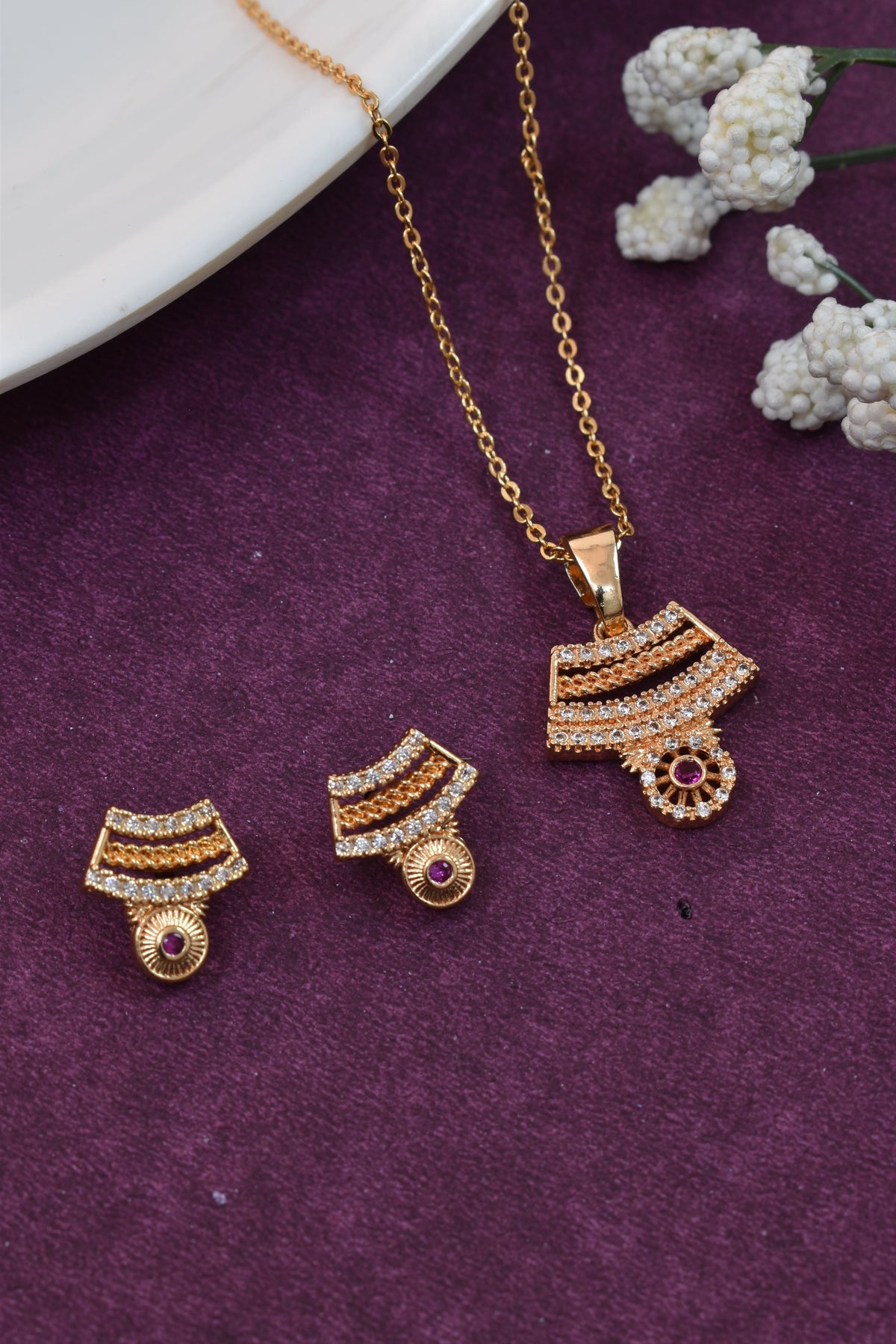 Rose Gold Plated Stone Studded Pendant Necklace with Pink Center Accent for Women, Lightweight Party Jewellery for Festive, Wedding, Evening, Daily Styling with Premium Finish Chain-09