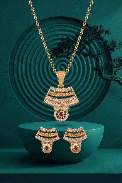 Rose Gold Plated Stone Studded Pendant Necklace with Pink Center Accent for Women, Lightweight Party Jewellery for Festive, Wedding, Evening, Daily Styling with Premium Finish Chain-09