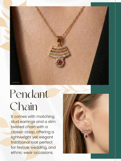 Rose Gold Plated Stone Studded Pendant Necklace with Pink Center Accent for Women, Lightweight Party Jewellery for Festive, Wedding, Evening, Daily Styling with Premium Finish Chain-09