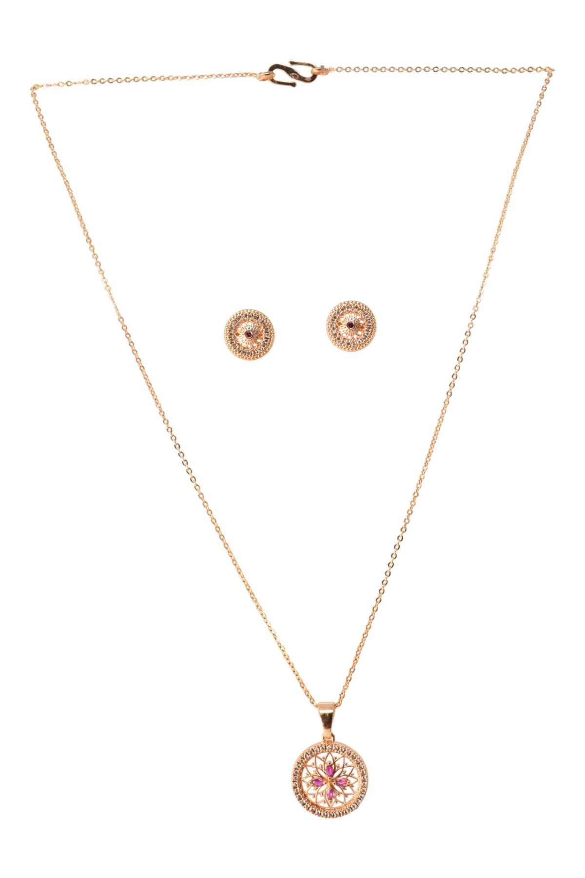Rose Gold Plated Stone Studded Pendant Necklace with Pink Center Accent for Women, Lightweight Party Jewellery for Festive, Wedding, Evening, Daily Styling with Premium Finish Chain-10