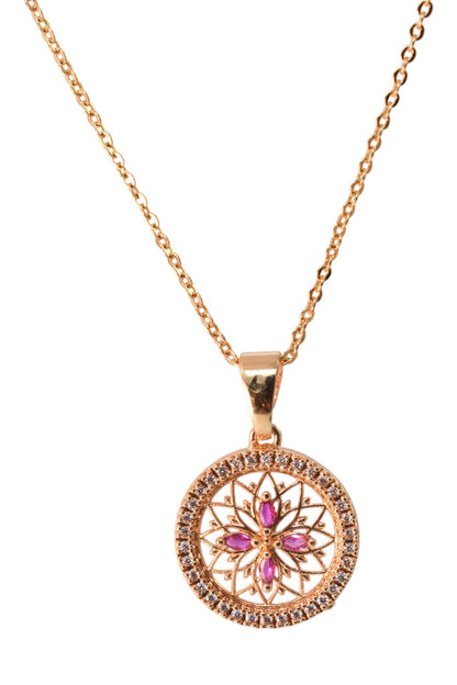 Rose Gold Plated Stone Studded Pendant Necklace with Pink Center Accent for Women, Lightweight Party Jewellery for Festive, Wedding, Evening, Daily Styling with Premium Finish Chain-10