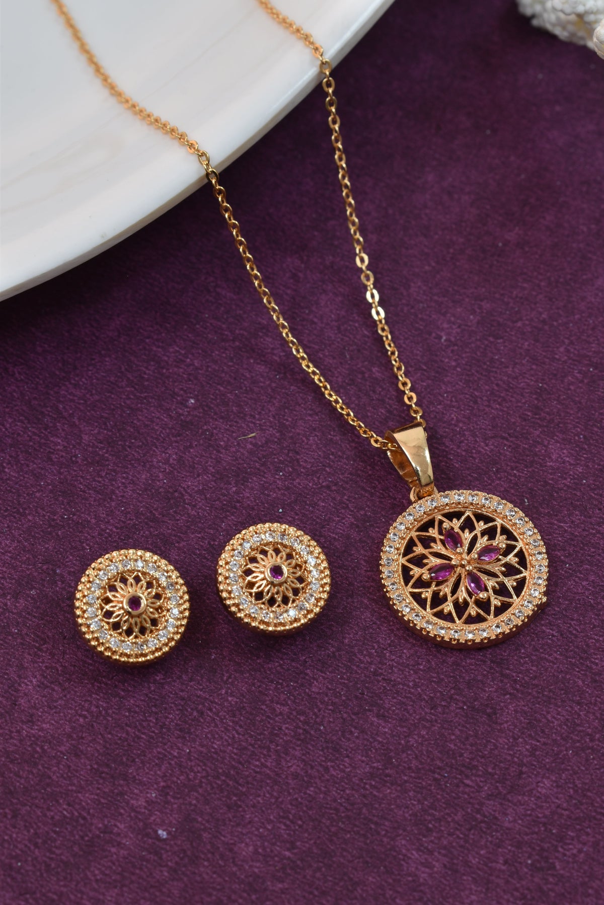 Rose Gold Plated Stone Studded Pendant Necklace with Pink Center Accent for Women, Lightweight Party Jewellery for Festive, Wedding, Evening, Daily Styling with Premium Finish Chain-10