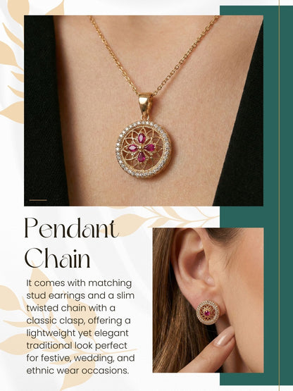 Rose Gold Plated Stone Studded Pendant Necklace with Pink Center Accent for Women, Lightweight Party Jewellery for Festive, Wedding, Evening, Daily Styling with Premium Finish Chain-10