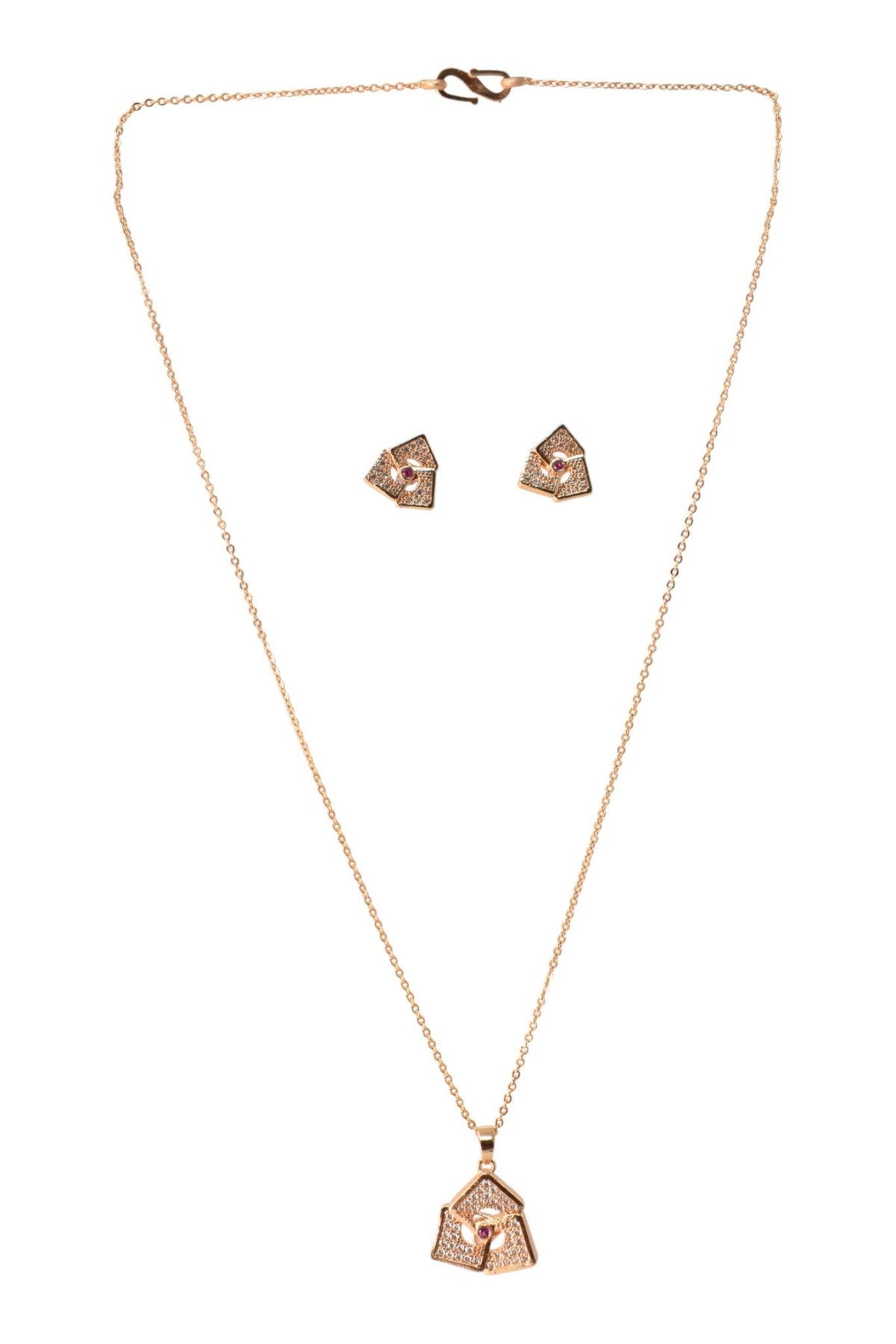 Rose Gold Plated Stone Studded Pendant Necklace with Pink Center Accent for Women, Lightweight Party Jewellery for Festive, Wedding, Evening, Daily Styling with Premium Finish Chain-11