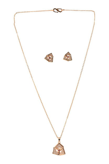 Rose Gold Plated Stone Studded Pendant Necklace with Pink Center Accent for Women, Lightweight Party Jewellery for Festive, Wedding, Evening, Daily Styling with Premium Finish Chain-11