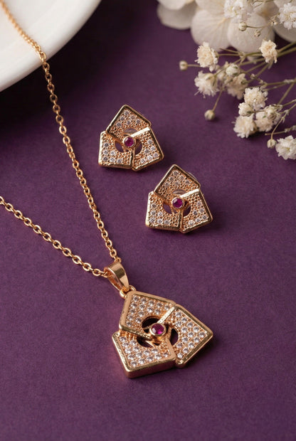 Rose Gold Plated Stone Studded Pendant Necklace with Pink Center Accent for Women, Lightweight Party Jewellery for Festive, Wedding, Evening, Daily Styling with Premium Finish Chain-11