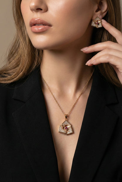 Rose Gold Plated Stone Studded Pendant Necklace with Pink Center Accent for Women, Lightweight Party Jewellery for Festive, Wedding, Evening, Daily Styling with Premium Finish Chain-11