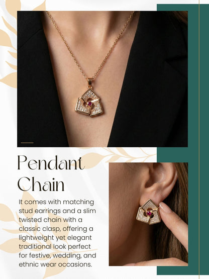 Rose Gold Plated Stone Studded Pendant Necklace with Pink Center Accent for Women, Lightweight Party Jewellery for Festive, Wedding, Evening, Daily Styling with Premium Finish Chain-11