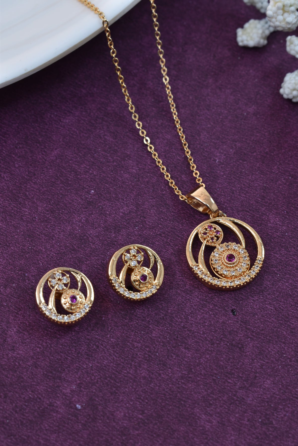 Gold Plated Stone Studded Pendant Necklace with Pink Center Accent for Women, Lightweight Party Jewellery for Festive, Wedding, Evening and Daily Styling with Premium Finish Chain-02