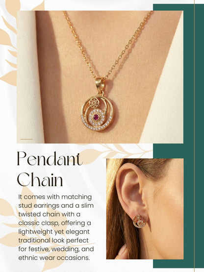 Gold Plated Stone Studded Pendant Necklace with Pink Center Accent for Women, Lightweight Party Jewellery for Festive, Wedding, Evening and Daily Styling with Premium Finish Chain-02