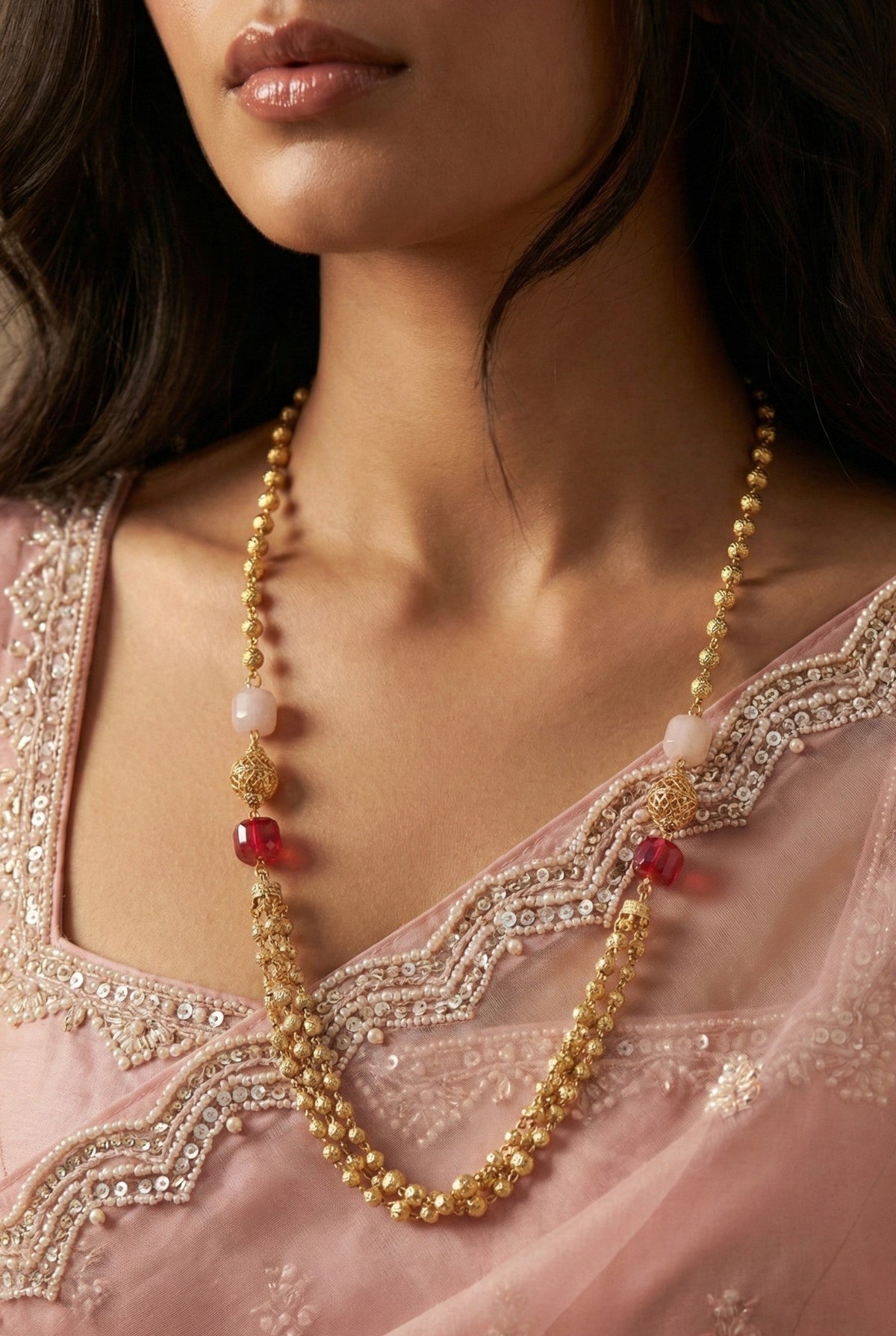 Statement Multilayer Dokiya Chain with Traditional Gemstones