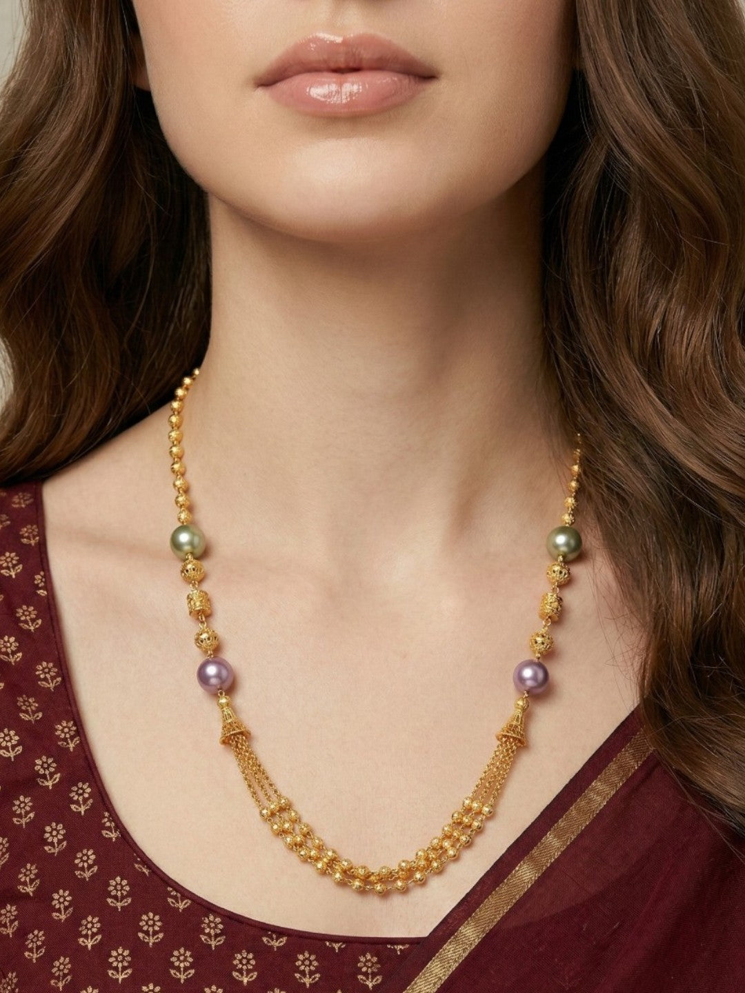 Traditional Gold Plated Three Layered Dokiya Mala Necklace for Women Featuring Gold Beads and Elegant Green and Purple Pearl Accents, Perfect for Ethnic Festive and Wedding Jewellery