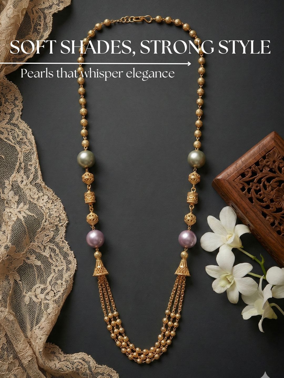 Traditional Gold Plated Three Layered Dokiya Mala Necklace for Women Featuring Gold Beads and Elegant Green and Purple Pearl Accents, Perfect for Ethnic Festive and Wedding Jewellery