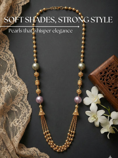 Traditional Gold Plated Three Layered Dokiya Mala Necklace for Women Featuring Gold Beads and Elegant Green and Purple Pearl Accents, Perfect for Ethnic Festive and Wedding Jewellery