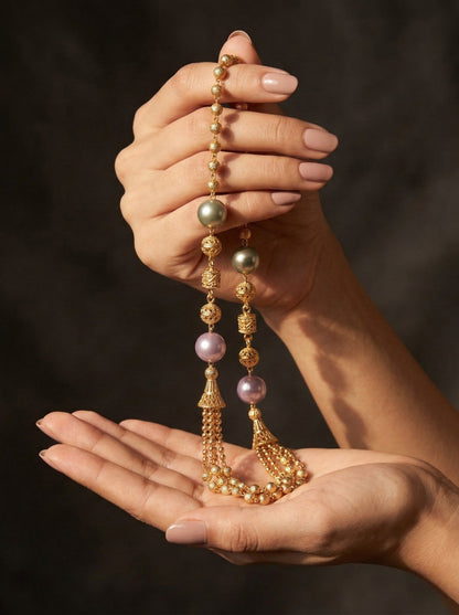 Traditional Gold Plated Three Layered Dokiya Mala Necklace for Women Featuring Gold Beads and Elegant Green and Purple Pearl Accents, Perfect for Ethnic Festive and Wedding Jewellery