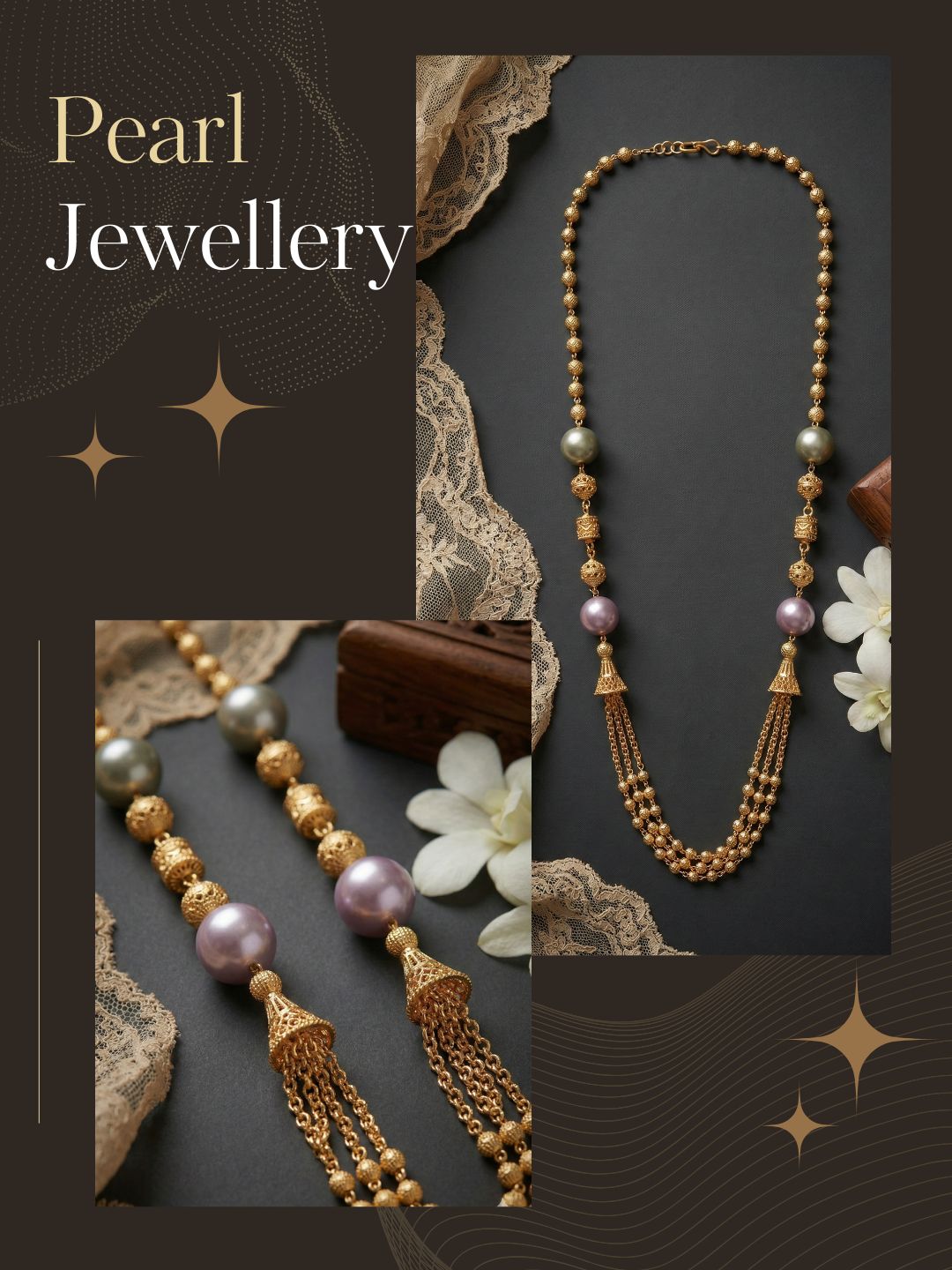 Traditional Gold Plated Three Layered Dokiya Mala Necklace for Women Featuring Gold Beads and Elegant Green and Purple Pearl Accents, Perfect for Ethnic Festive and Wedding Jewellery
